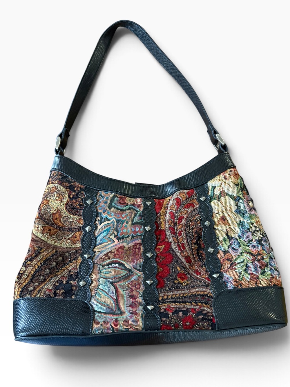 Vintage Bueno Floral Tapestry Studded Shoulder Bag Faux Leather Black Trim